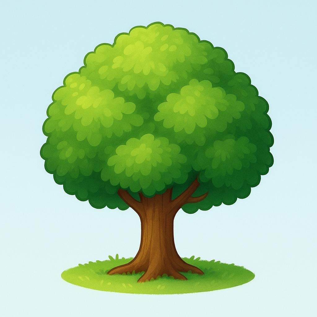 A single, large, healthy green tree with a thick brown trunk and roots visible, standing on a small grassy hill.